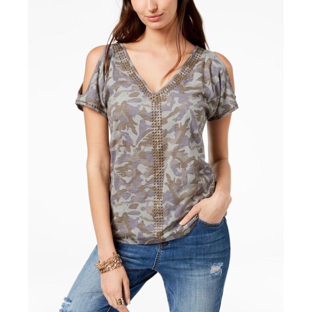 INC International Concepts Cotton Camouflage Cold Shoulder T-Shirt